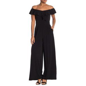 🌺SOLD🌺Eliza J | Black Off-the-Shoulder Ruffle Wide Leg Jumpsuit Pockets 6